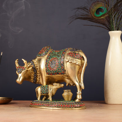 Handcrafted Brass Cow and Calf Statue | 8.5"