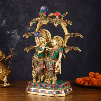 Pure Brass Radha Krishna Under Kadamba Tree Statue with Meenakari Stonework 16"