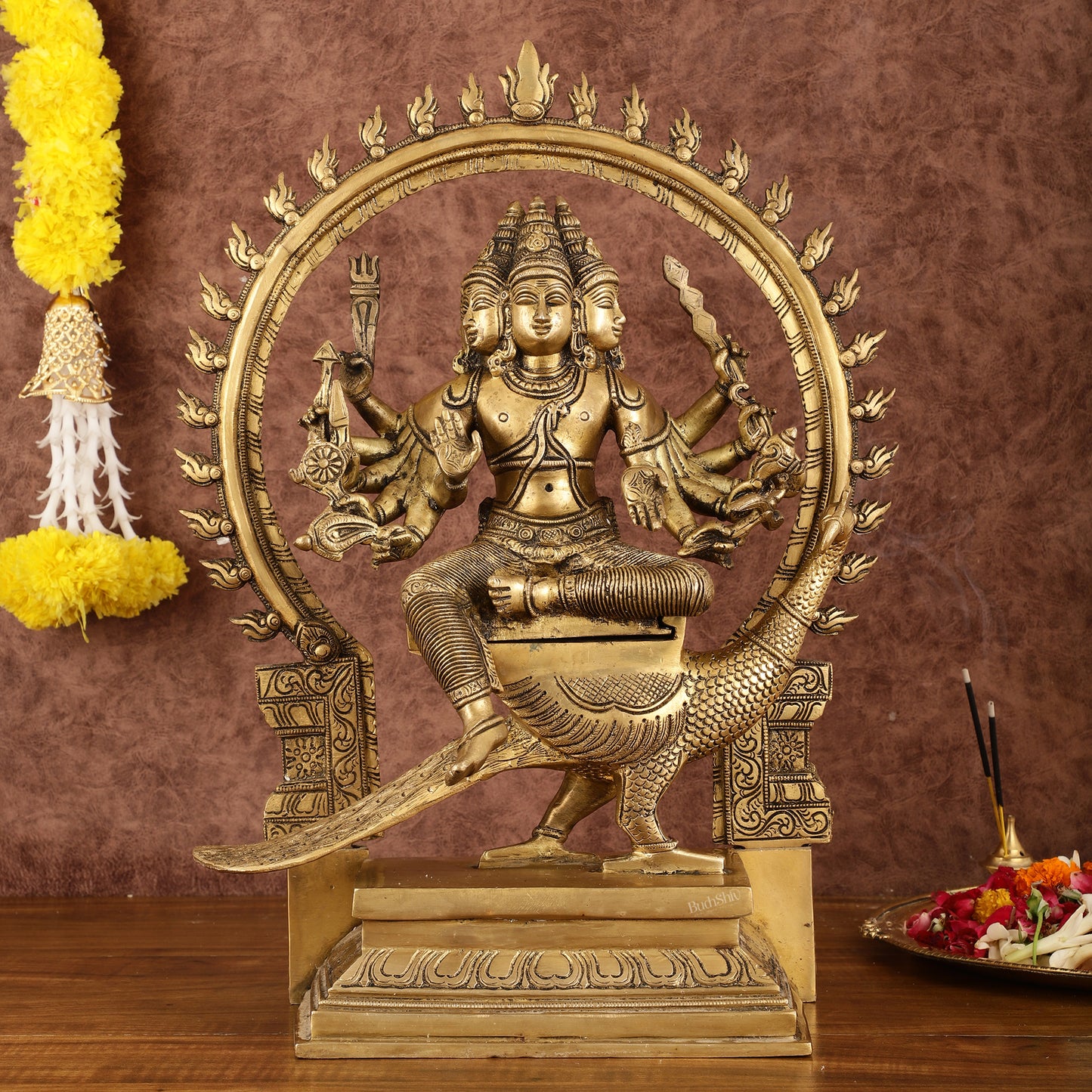 Brass Shanamurugan 6-Face Kartikeya Statue on Peacock with Prabhaval - 17"