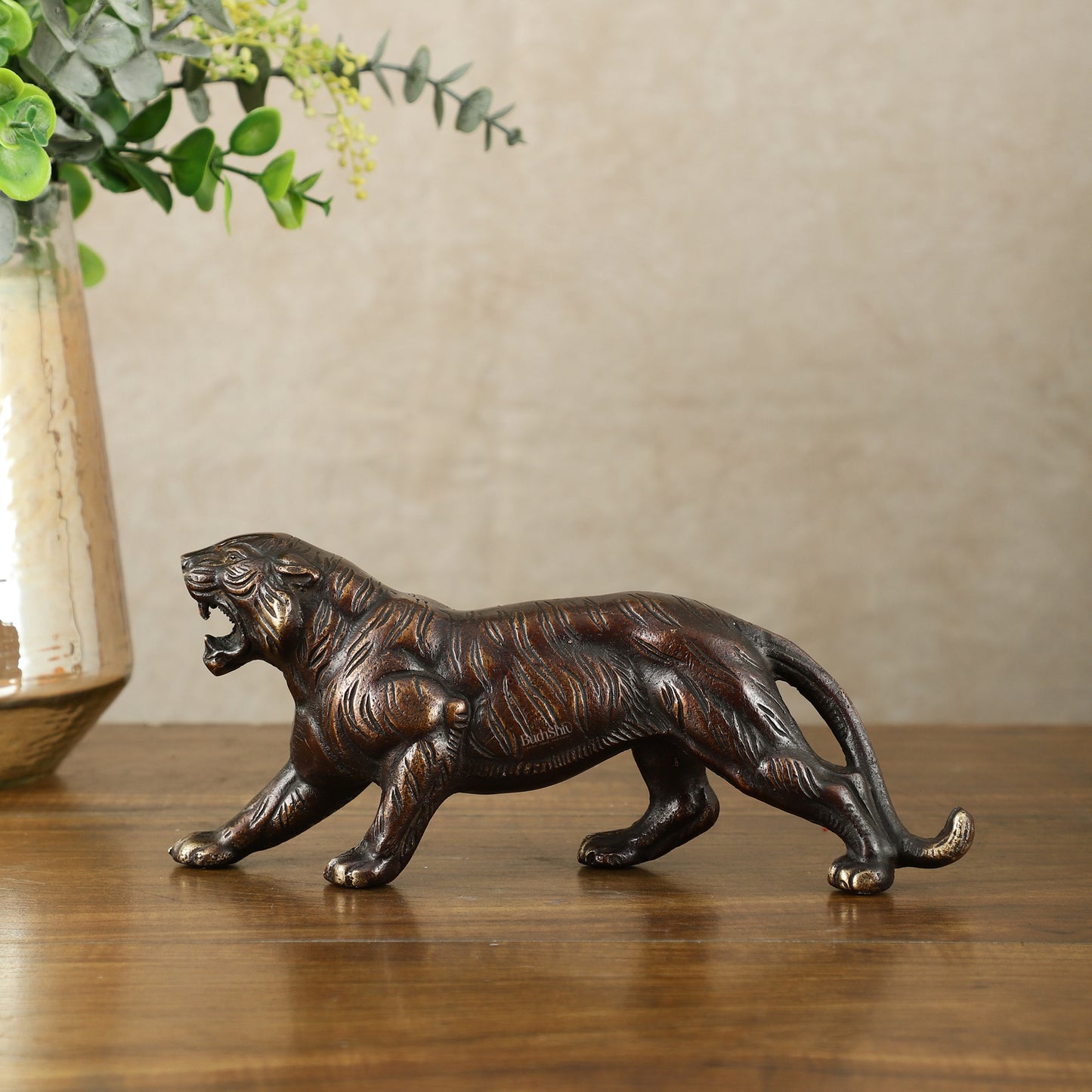 Pure Brass Vintage Brown Tiger Table Accent Showpiece – Vastu Feng Shui Approved | 9.5" Wide