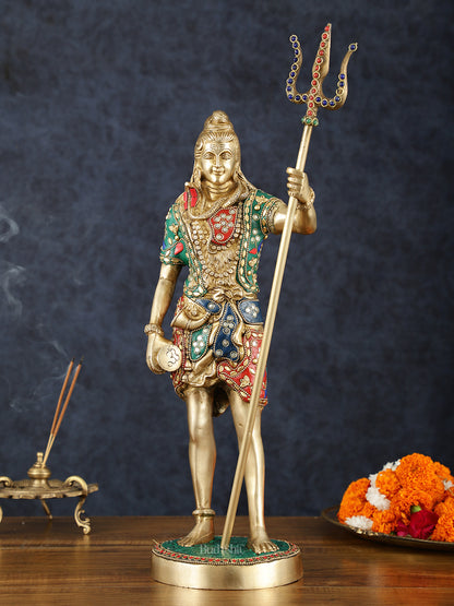 Brass Standing Shiva Statue with Damru and Trishul – 18" Height, Meenakari Stonework