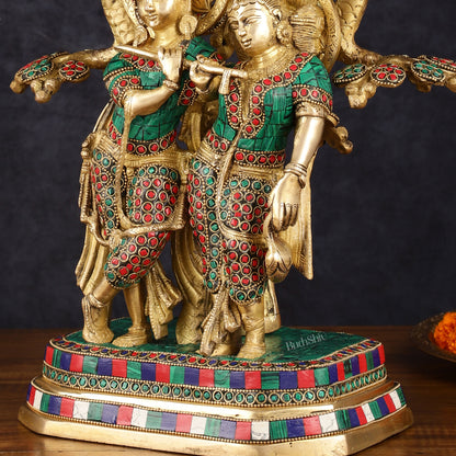 Pure Brass Radha Krishna Under Kadamba Tree Statue with Meenakari Stonework 16"