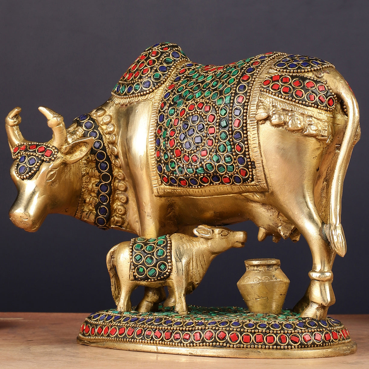 Handcrafted Brass Cow and Calf Statue | 8.5"