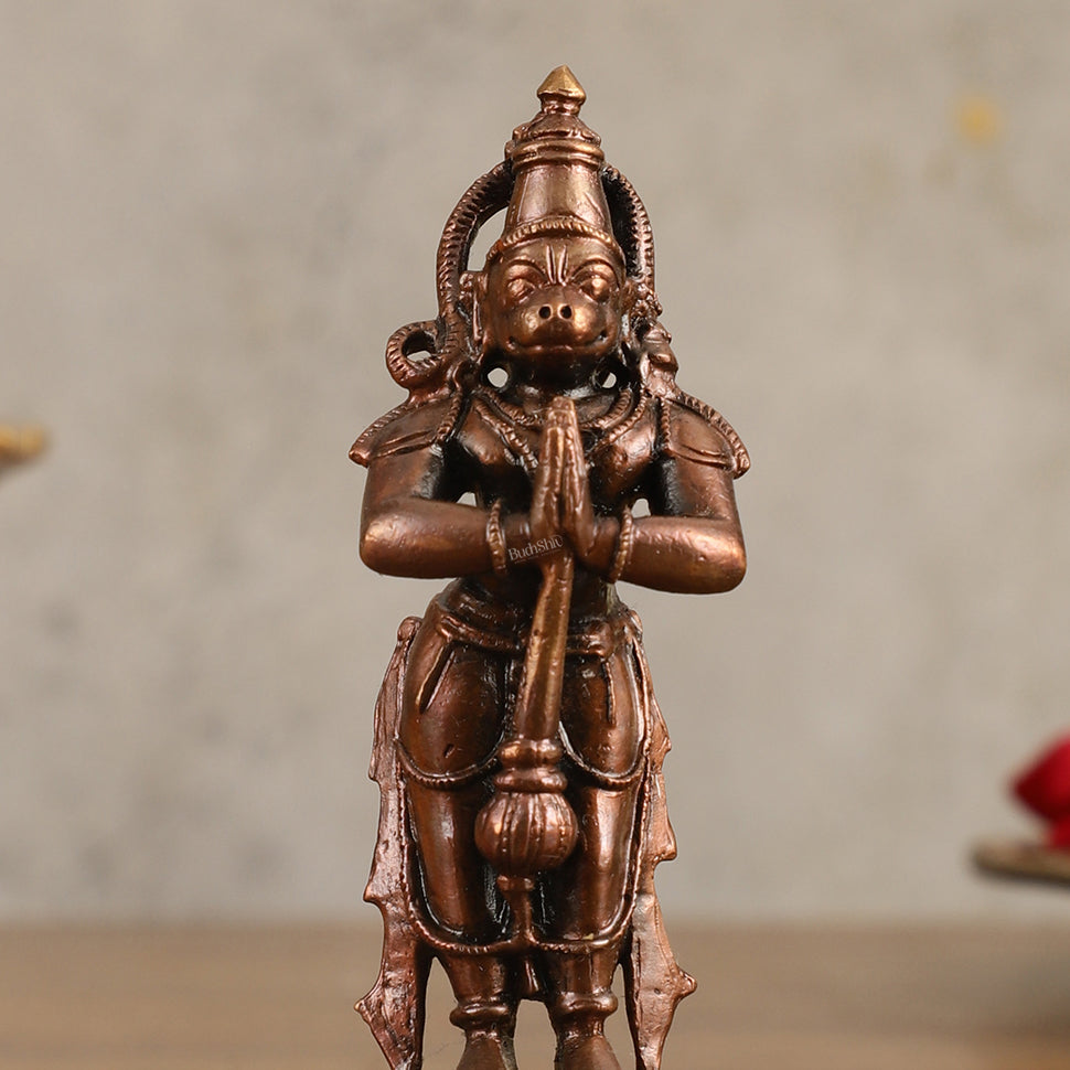 Pure Copper Anjaneya Hanuman Standing Namaskar Idol - 4 in Height