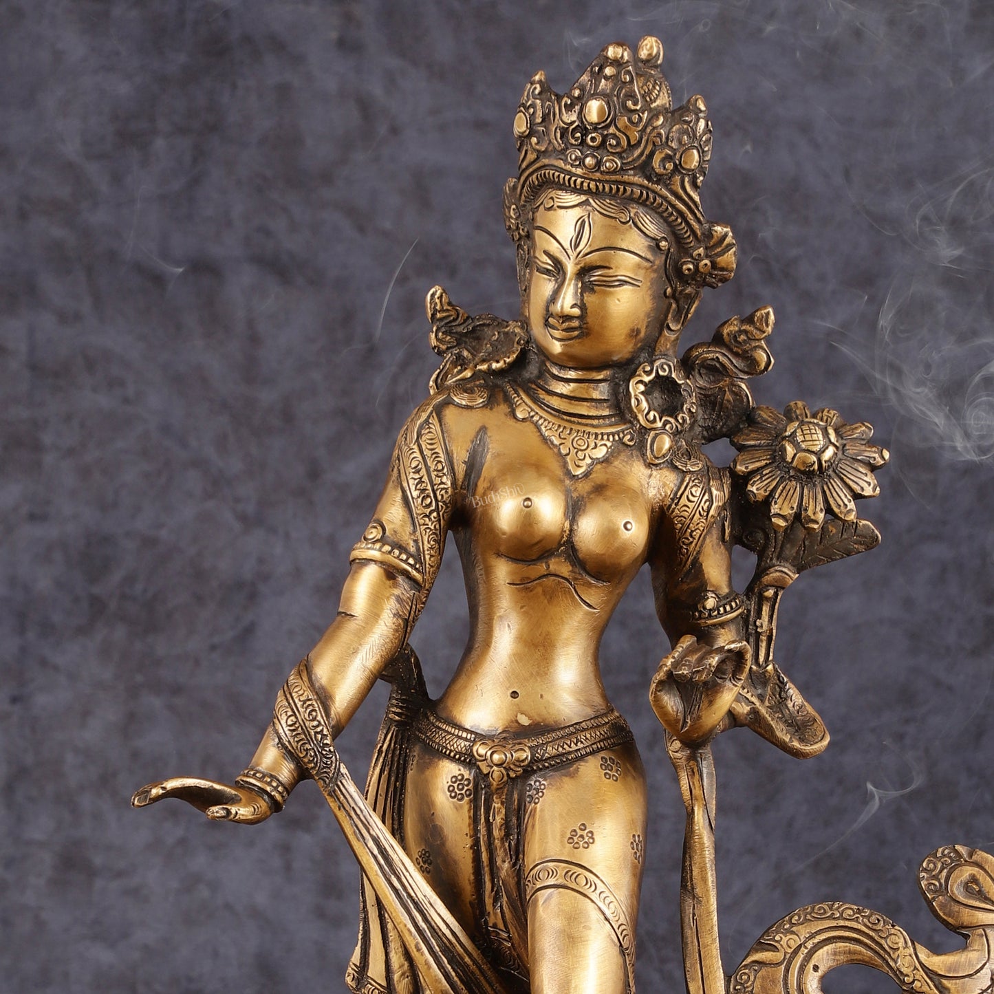 Pure Brass Tibetan Tara Devi Buddhist Goddess Idol - 15" Standing Statue