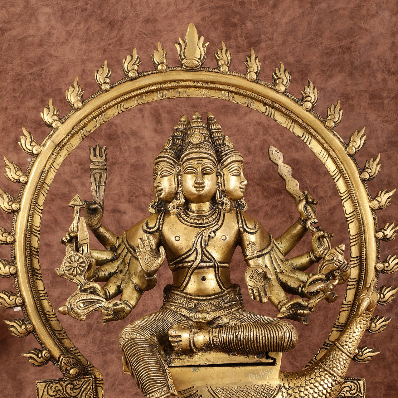 Brass Shanamurugan 6-Face Kartikeya Statue on Peacock with Prabhaval - 17"