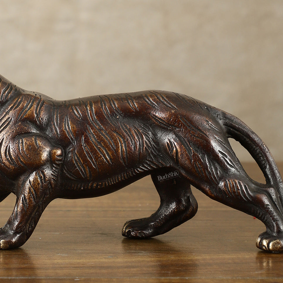 Pure Brass Vintage Brown Tiger Table Accent Showpiece – Vastu Feng Shui Approved | 9.5" Wide