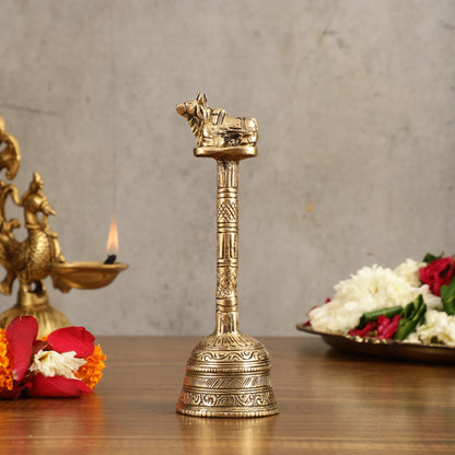 Pure Brass Hand Bell with Nandi - 7 in Height