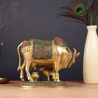 Handcrafted Brass Cow and Calf Statue | 8.5"