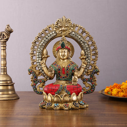 Pure Brass Lakshmi Idol with Meenakari Stonework 9.5"