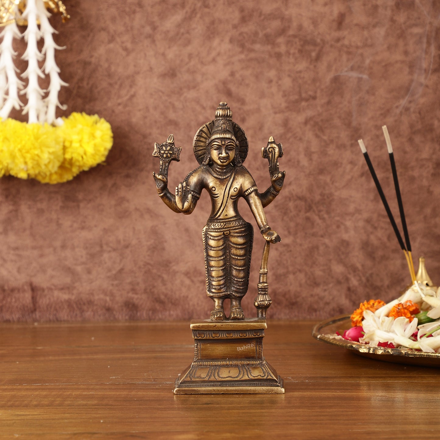 Antique Brass Standing Vishnu Idol - 7" Tall