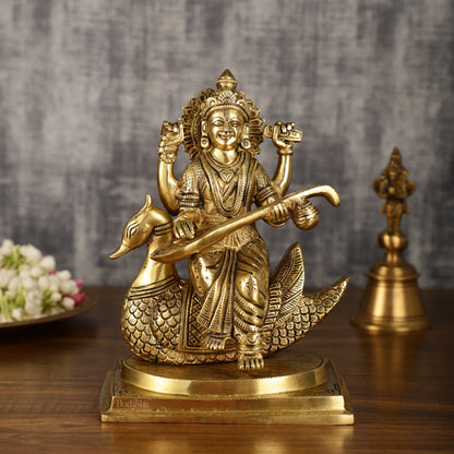 Pure Brass Goddess Saraswati Sitting on Swan Idol | 9 Inch Height | 4 KG