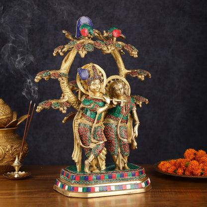 Pure Brass Radha Krishna Under Kadamba Tree Statue with Meenakari Stonework 16"