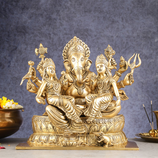 Pure Brass large Lord Ganesha with riddhi siddhi statue 13.5 inch