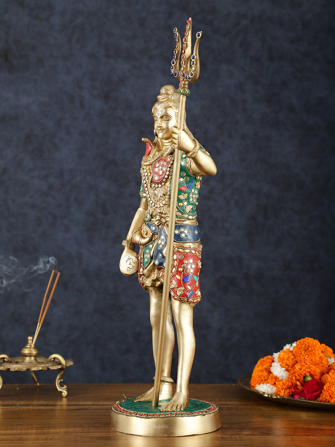 Brass Standing Shiva Statue with Damru and Trishul – 18" Height, Meenakari Stonework