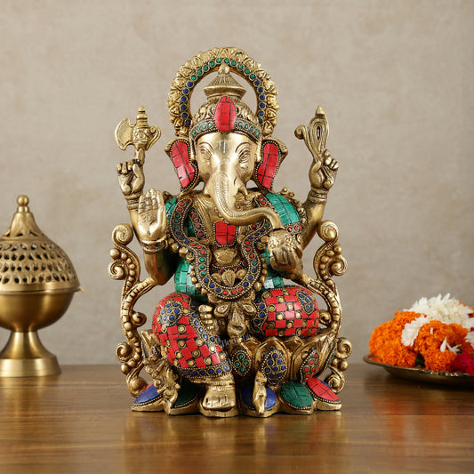 Handcrafted Pure Brass Ganesha Idol with Meenakari Stonework - 12.25 Inch