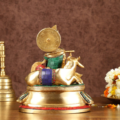 Lord krishna seated with cow brass idol with stonework 7.5 inch