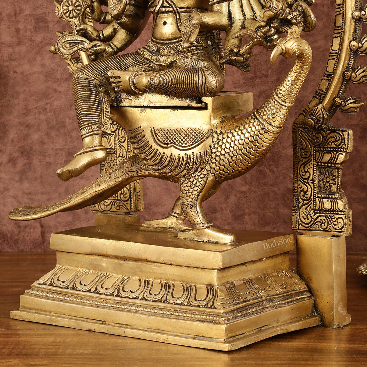 Brass Shanamurugan 6-Face Kartikeya Statue on Peacock with Prabhaval - 17"