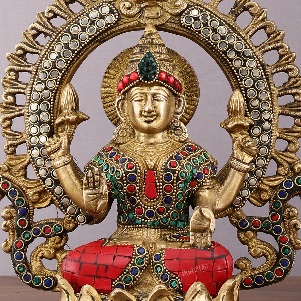 Pure Brass Lakshmi Idol with Meenakari Stonework 9.5"