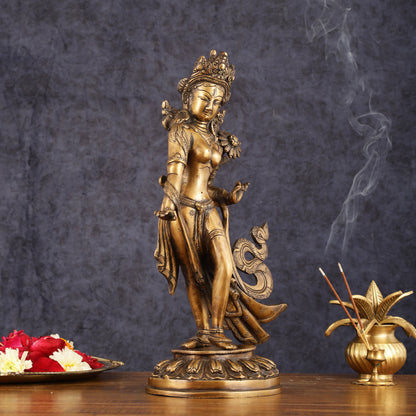 Pure Brass Tibetan Tara Devi Buddhist Goddess Idol - 15" Standing Statue