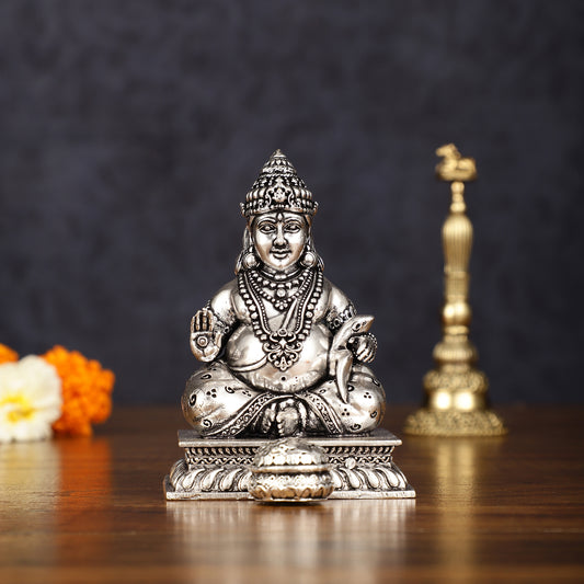 Pure Brass Silver Plated Kuber Idol - 4 Inch, Intricately Carved