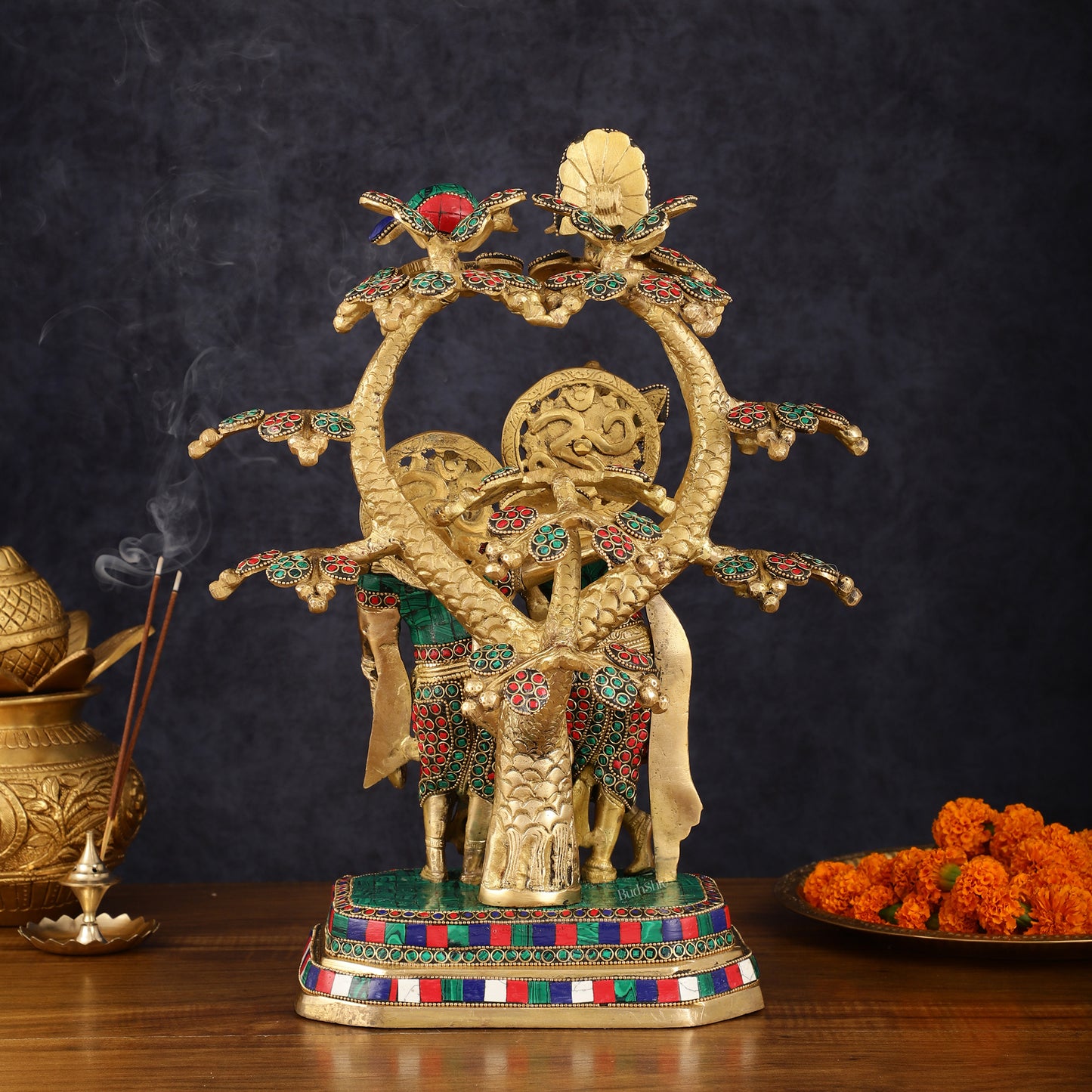 Pure Brass Radha Krishna Under Kadamba Tree Statue with Meenakari Stonework 16"