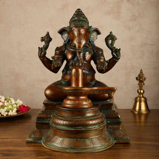 Pure Brass Ganapati with Shiv Ling Statue | Antique Bronze Finish | 14.5 Inch