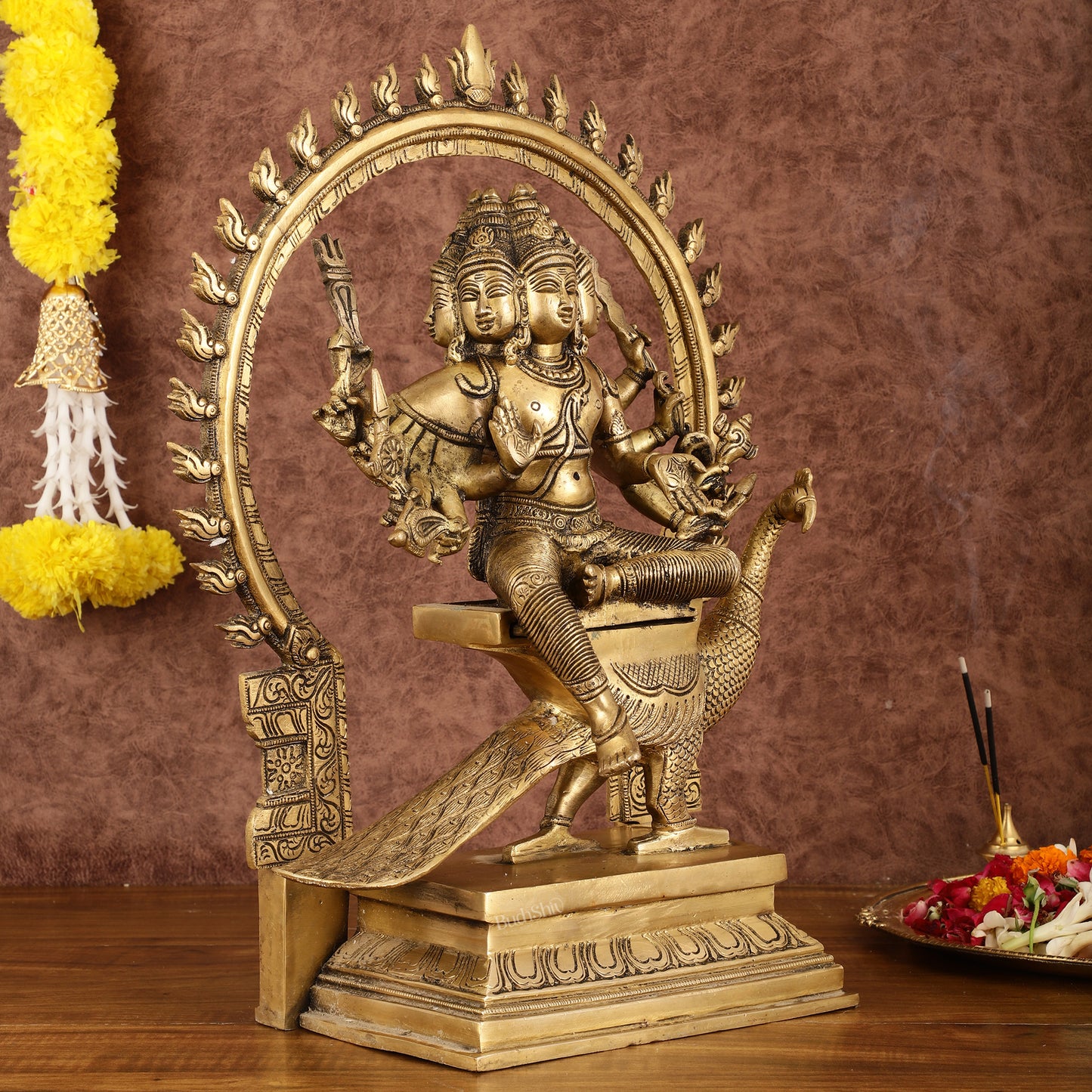 Brass Shanamurugan 6-Face Kartikeya Statue on Peacock with Prabhaval - 17"