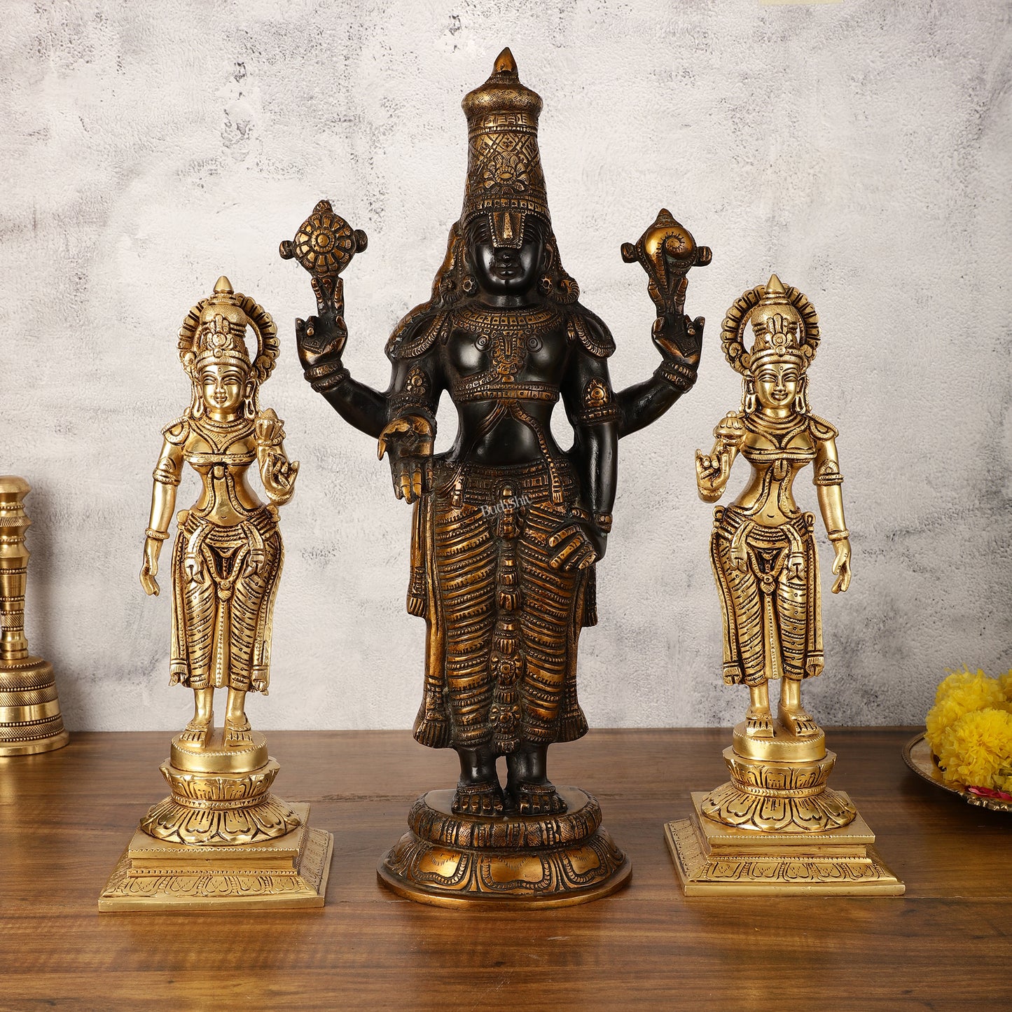 Brass Superfine Handcrafted Idols of Tirupati Balaji , Bhudevi, and Sridevi 18"