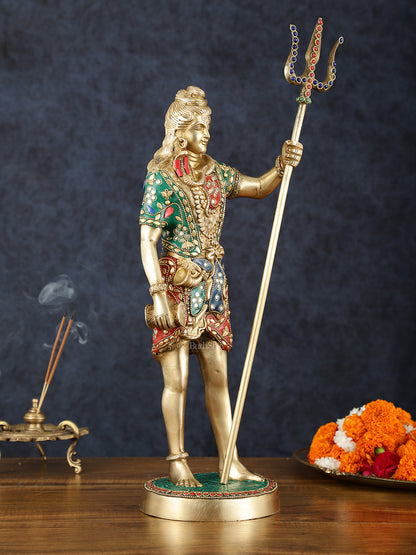 Brass Standing Shiva Statue with Damru and Trishul – 18" Height, Meenakari Stonework