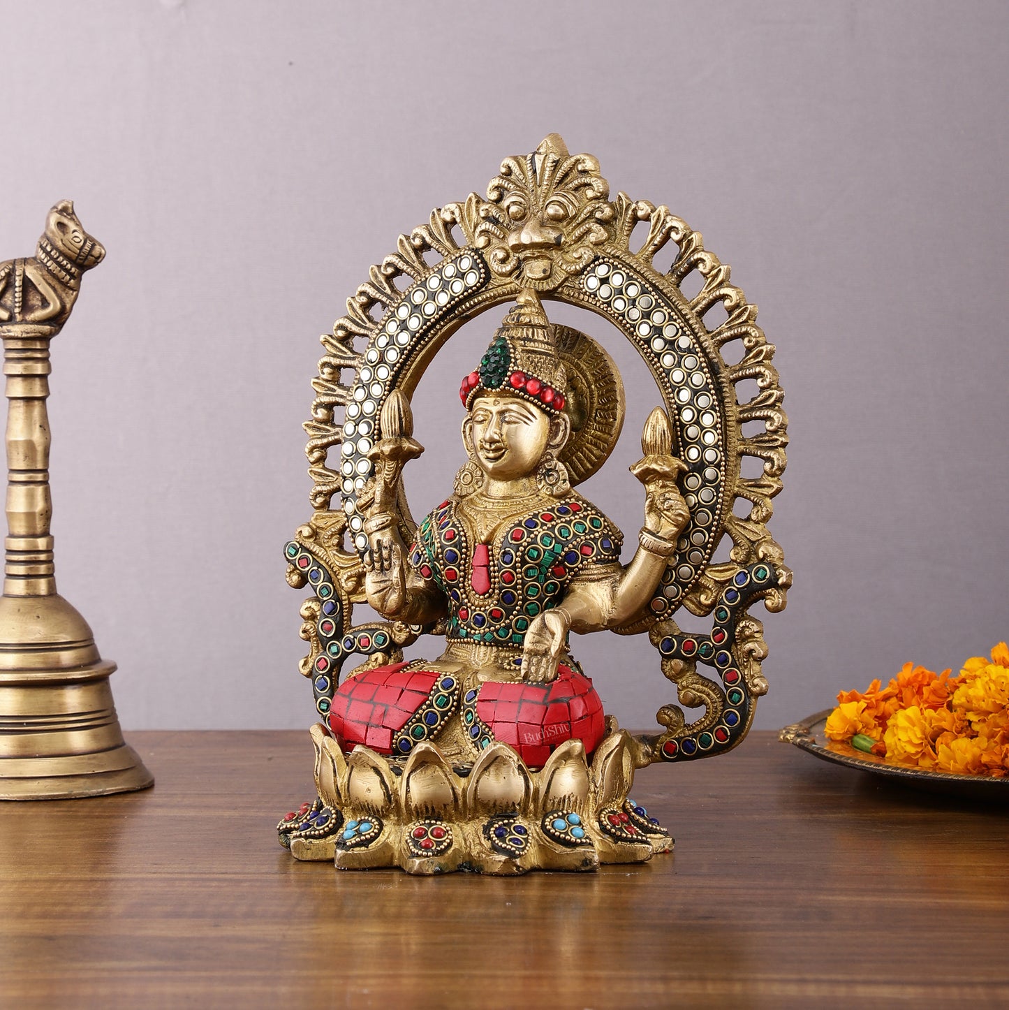 Pure Brass Lakshmi Idol with Meenakari Stonework 9.5"