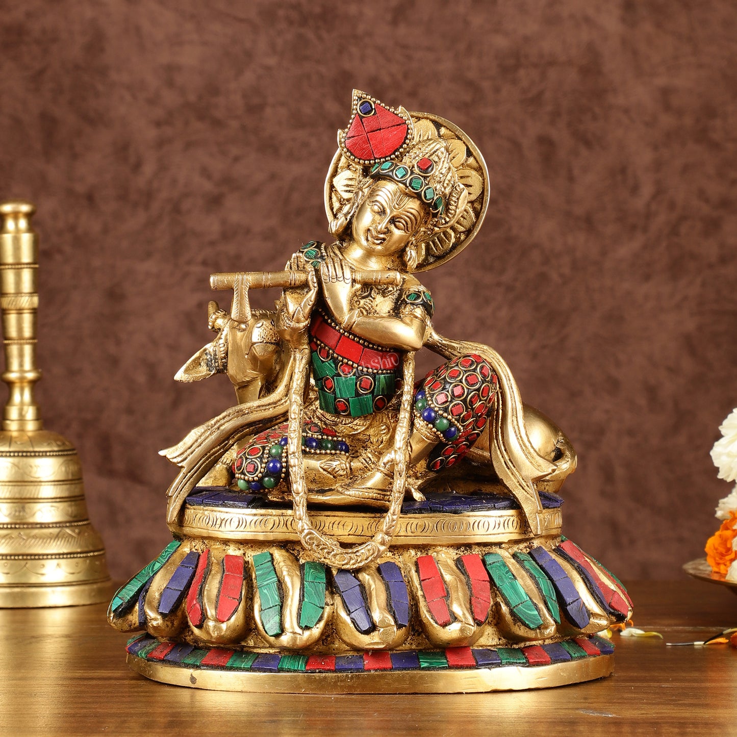 Lord krishna seated with cow brass idol with stonework 7.5 inch