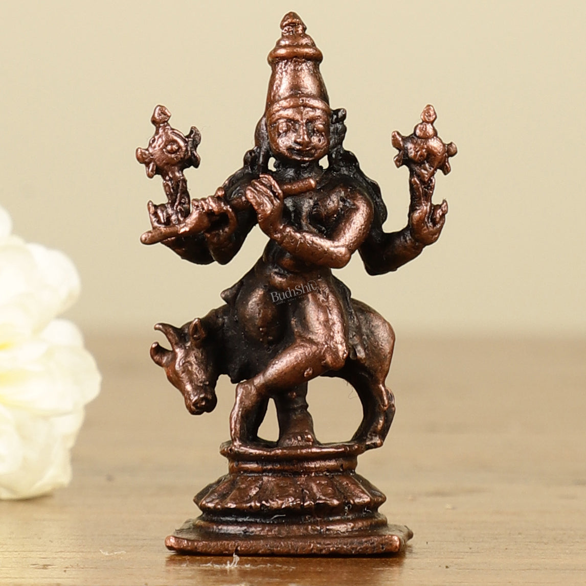 Pure Copper Miniature Lord Krishna with Cow Idol 2"