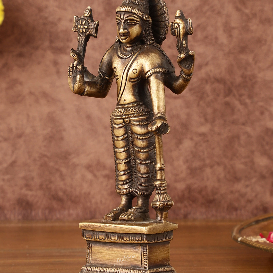 Antique Brass Standing Vishnu Idol - 7" Tall