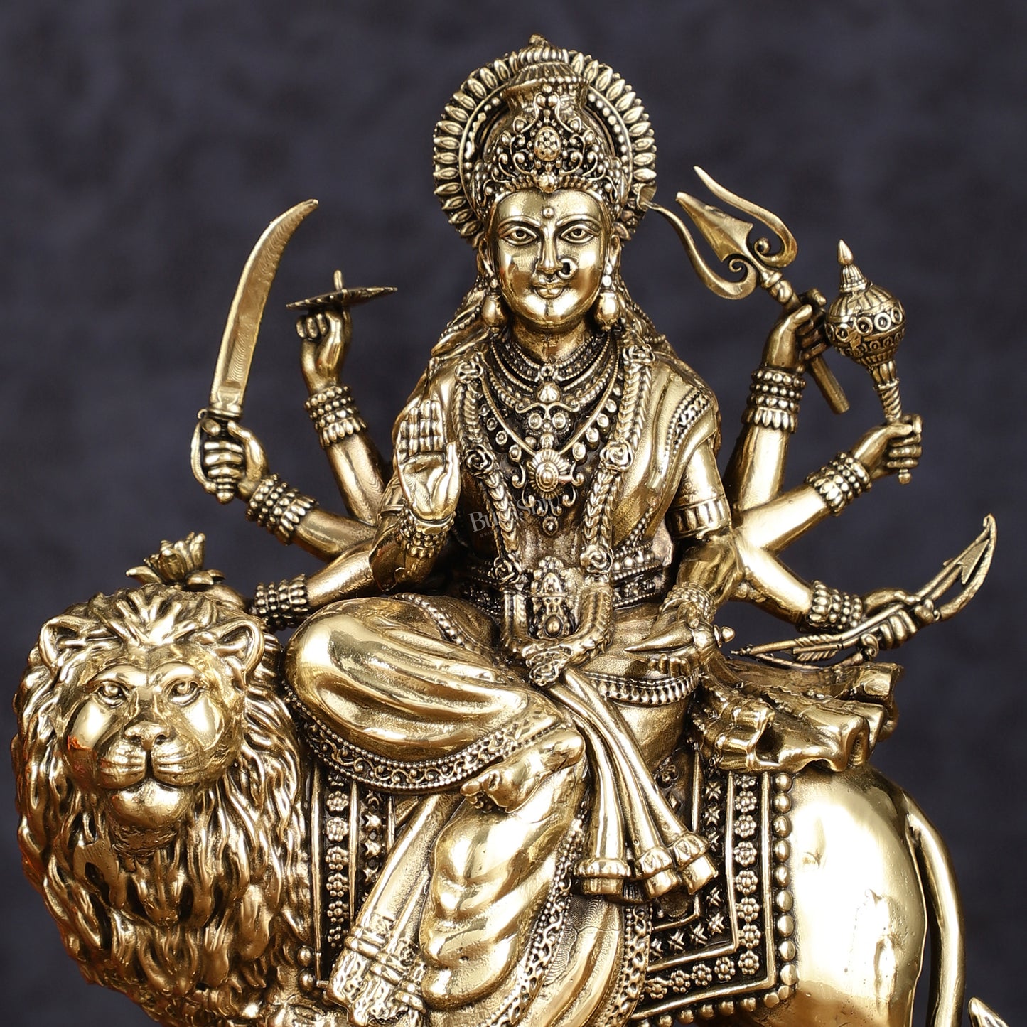 Brass Superfine Goddess Durga Ambe Mata Sitting on Lion - 8" Tall