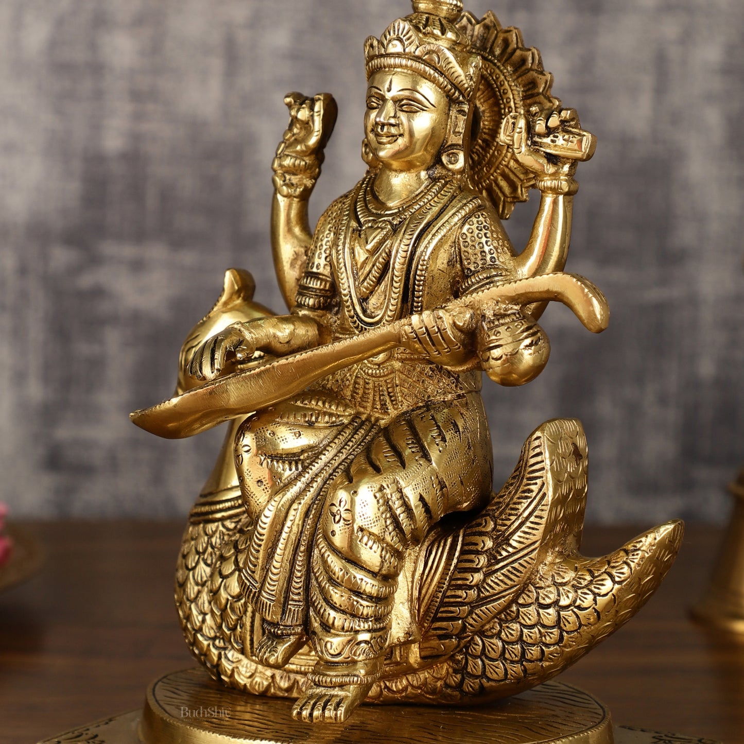 Pure Brass Goddess Saraswati Sitting on Swan Idol | 9 Inch Height | 4 KG