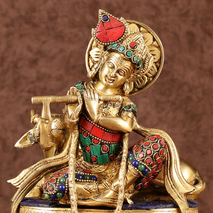 Lord krishna seated with cow brass idol with stonework 7.5 inch