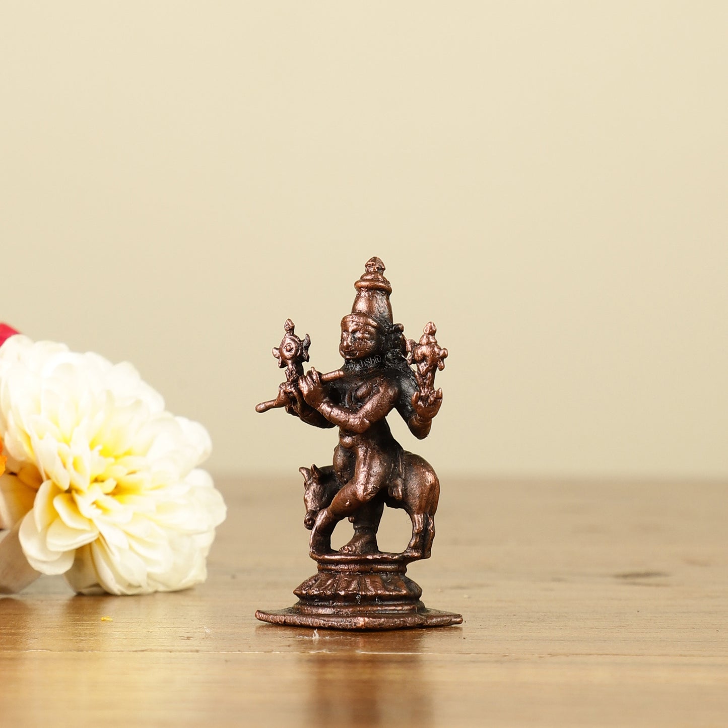 Pure Copper Miniature Lord Krishna with Cow Idol 2"