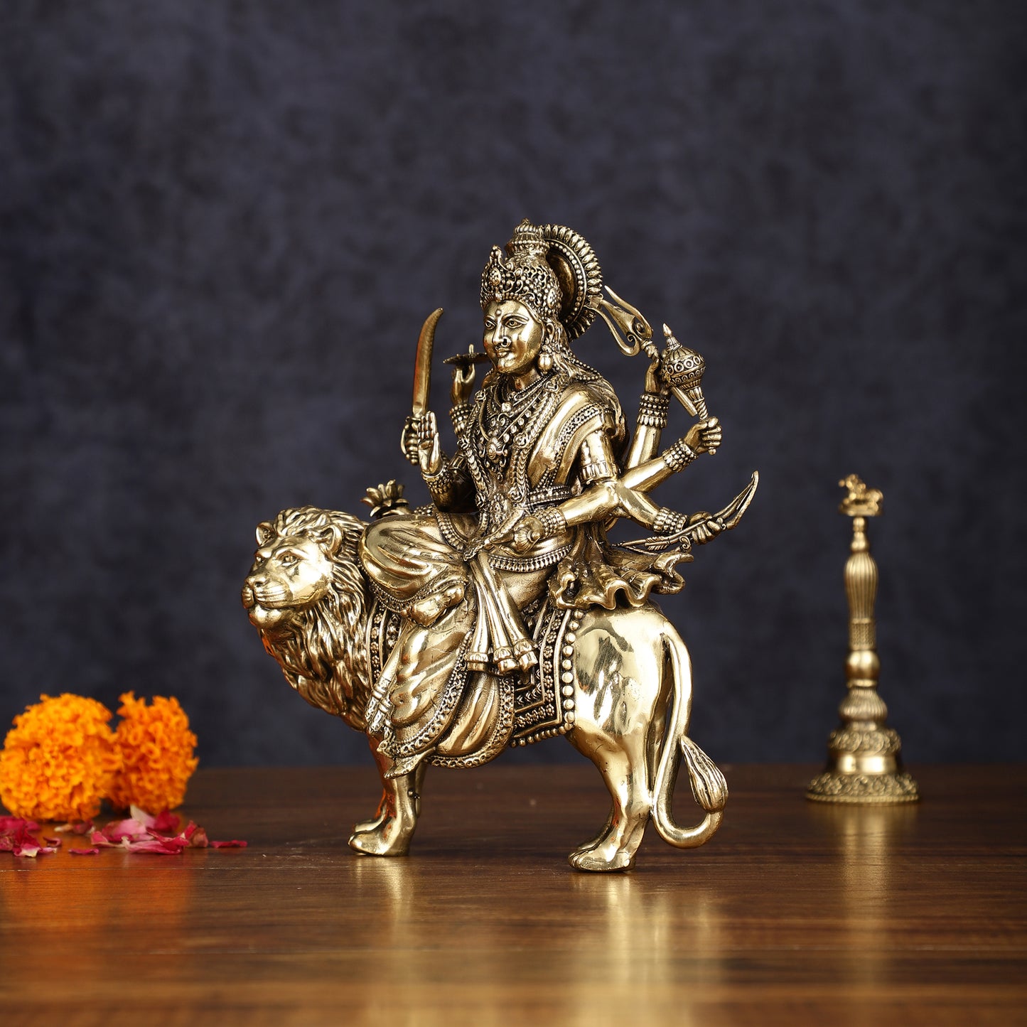 Brass Superfine Goddess Durga Ambe Mata Sitting on Lion - 8" Tall