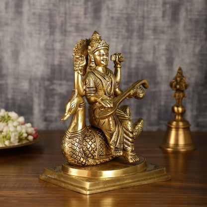 Pure Brass Goddess Saraswati Sitting on Swan Idol | 9 Inch Height | 4 KG