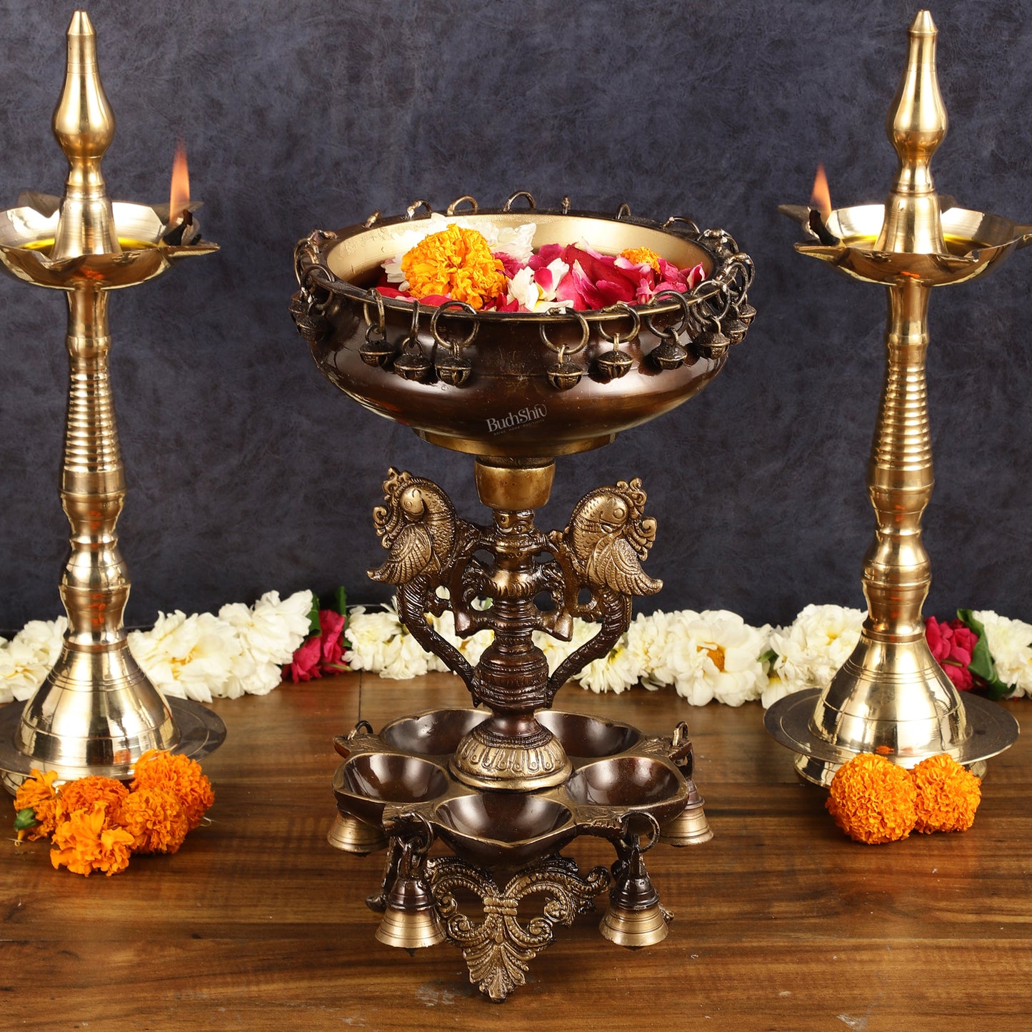 Pure Brass Urli with Stand Diyas - Antique Finish | 13 Inch