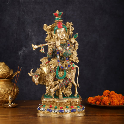 Handcrafted Lord Krishna with Cow Brass Statue - 17" Exquisite Sculpture