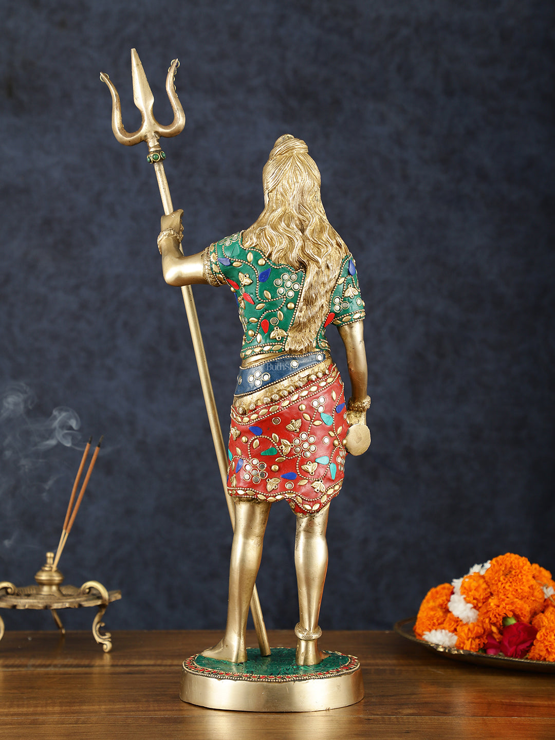 Brass Standing Shiva Statue with Damru and Trishul – 18" Height, Meenakari Stonework