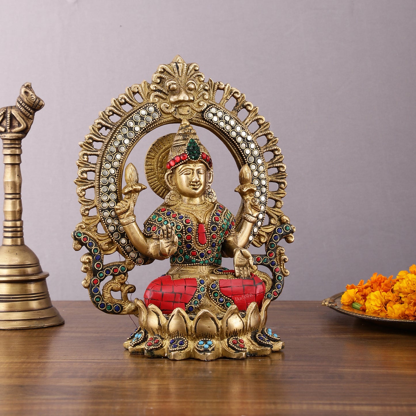 Pure Brass Lakshmi Idol with Meenakari Stonework 9.5"