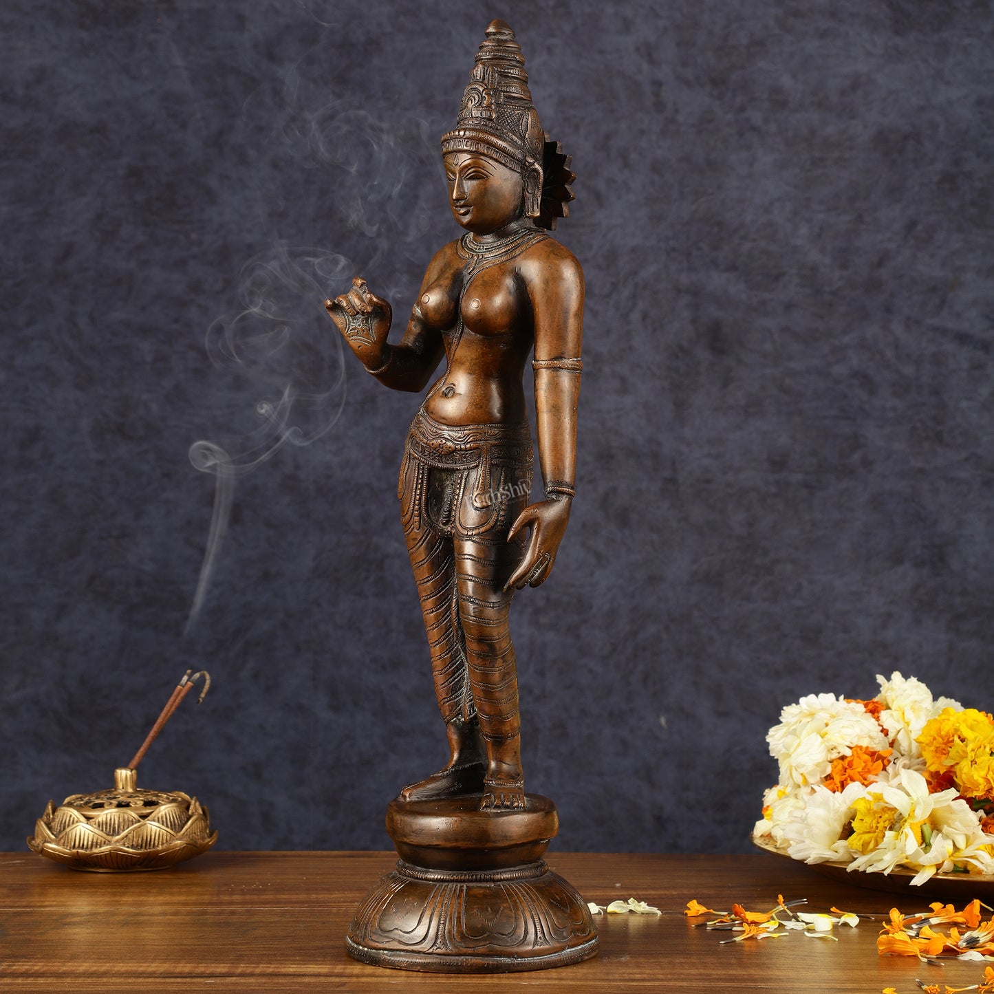 Pure Brass Standing Uma Parvati Idol with Chola Finish 18 inch