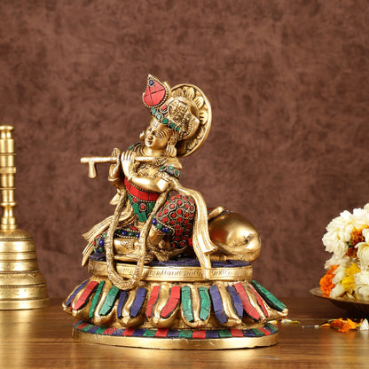 Lord krishna seated with cow brass idol with stonework 7.5 inch