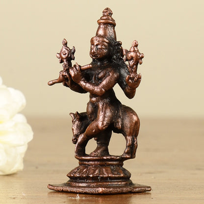 Pure Copper Miniature Lord Krishna with Cow Idol 2"