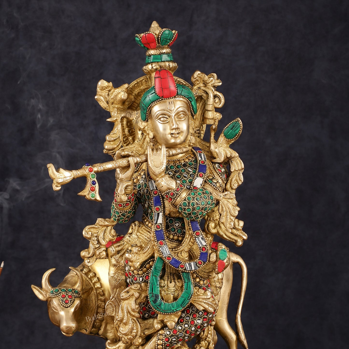 Handcrafted Lord Krishna with Cow Brass Statue - 17" Exquisite Sculpture