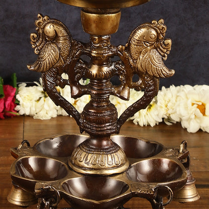 Pure Brass Urli with Stand Diyas - Antique Finish | 13 Inch