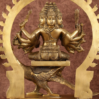 Brass Shanamurugan 6-Face Kartikeya Statue on Peacock with Prabhaval - 17"